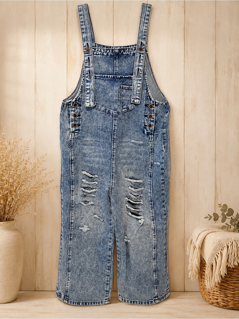 Distressed Light Blue Denim Overalls - Women's Jeans